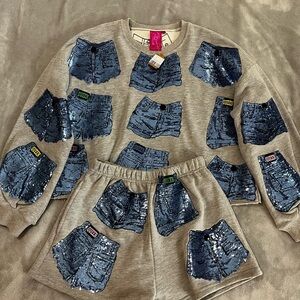 QUEEN OF SPARKLES Gray Sweatshirt with Blue Sequin Jean Shorts Print